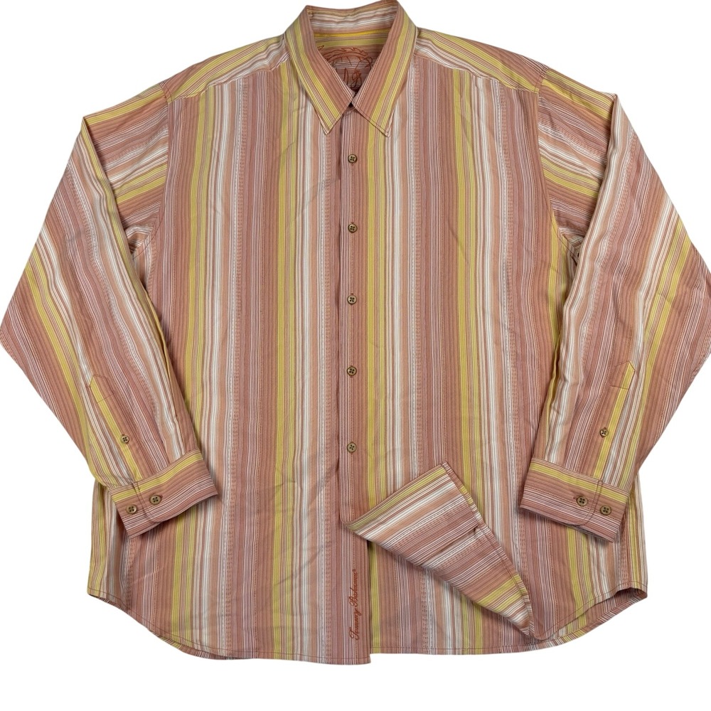 Tommy Bahama 100% Silk Hawaiian Shirt XL Coral Striped Long Sleeve Button Up